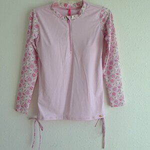 Betsey Johnson Rash Guard Top Pink Long Sleeve 1/2 Zip Built In Bra Size M